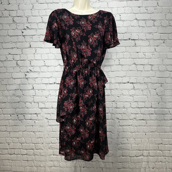 VTG Sheena Black Floral Elastic Waist Short Sleeve Midi Dress USA Size 11/12 - Picture 1 of 11